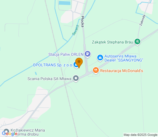 Mapa dojazdu do warsztatu samochodowego w miejscowości Mława