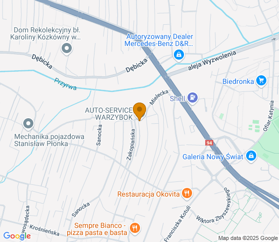 Mapa dojazdu do warsztatu samochodowego w miejscowości Rzeszów