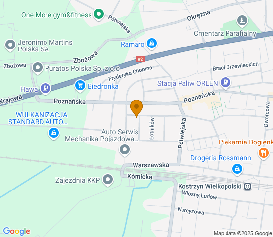 Mapa dojazdu do warsztatu samochodowego w Kostrzynie